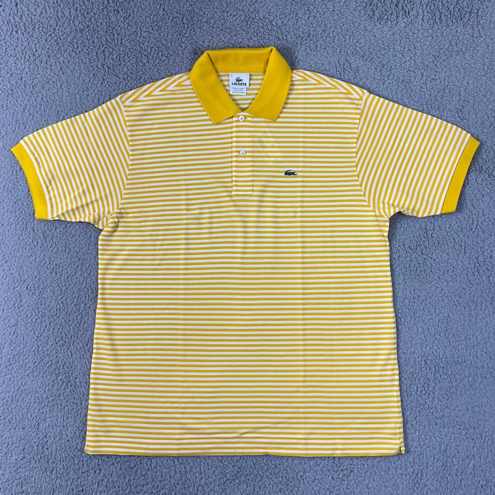 Lacoste Polo Shirt US Men XL (EU/L) Yellow White Striped Cotton Short Sleeve